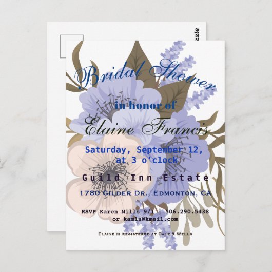 Delikates Watercolor Lavendel Anemone Brautparty Postkarte (Vorne/Hinten)