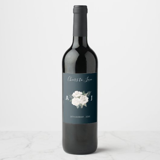 Delikates White Roses Navy Blue Wedding Wine Label Weinetikett (Vorderseite)