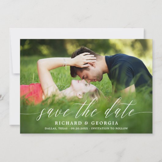 Delikates White Script Overlay-Foto Save the Date (Vorderseite)