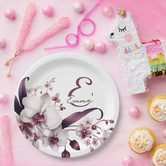 Delikatessen in Weiß und Magenta Orchideen individ Pappteller (Party)