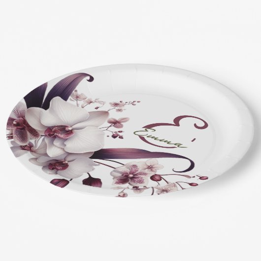 Delikatessen in Weiß und Magenta Orchideen individ Pappteller (Schrägansicht)