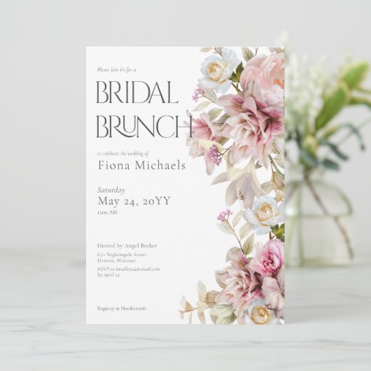 Delikatessen Moderne rosa Rose & Lily Bridal Brunc Einladung (Stehend Vorderseite)