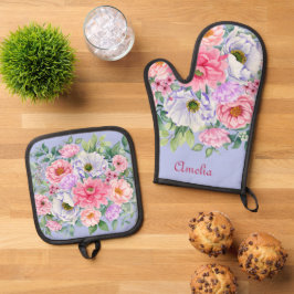 Delikatessen Pastel Watercolor Sommergarten Floren Ofenhandschuh & Topflappen-Set