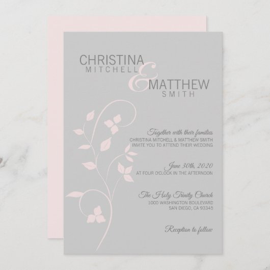 Delikatessen Rosa Rose & Grau Weintrauben Hochzeit Einladung (Vorne/Hinten)