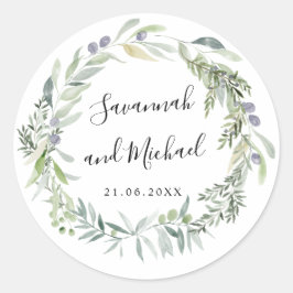 Delikatfarbene Oliven und Blätter Hochzeitsmonogra Runder Aufkleber