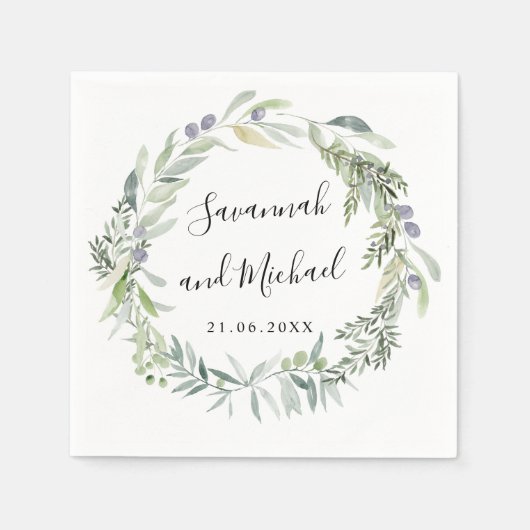 Delikatfarbene Oliven und Blätter Hochzeitsmonogra Serviette (Vorderseite)