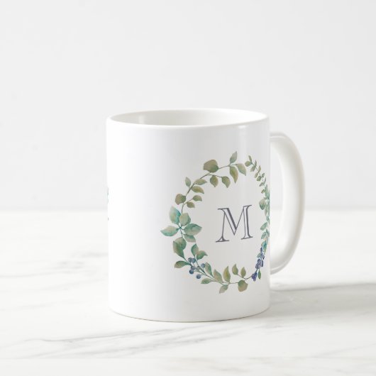 Delikatgrün | Wasserfarben und Monogramm Kaffeetasse (VorderseiteRechts)