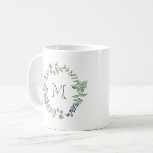 Delikatgrün | Wasserfarben und Monogramm Kaffeetasse (Vorderseite Links)