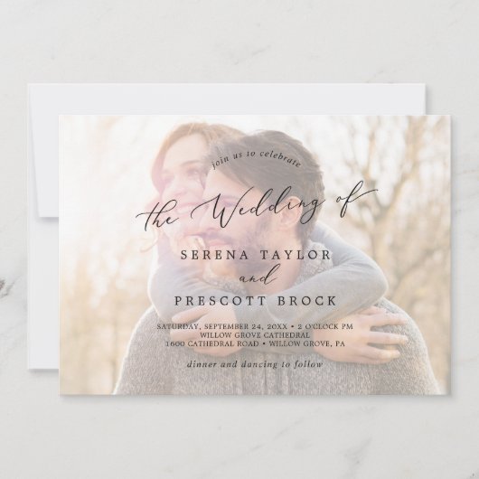 Delikatkalligraphie | Horizontales Foto Hochzeit i Einladung (Vorderseite)