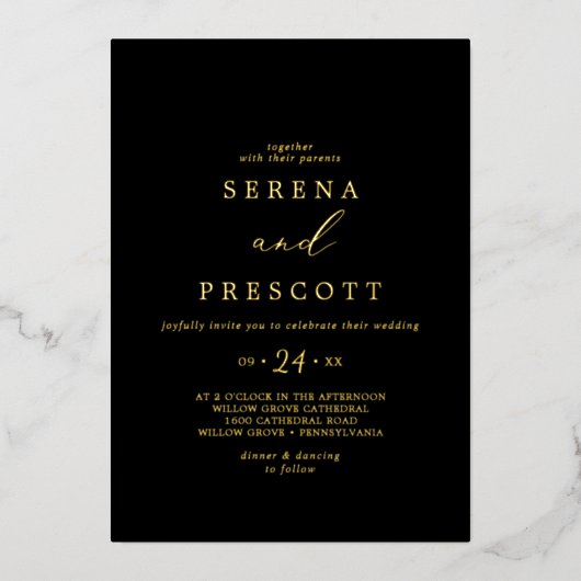 Delikatour | Schwarze Lässige Hochzeit Folieneinladung (Vorderseite)