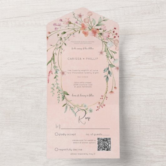 Delikatrosa Rosa Rustikale Wildblumen QR-Code All In One Einladung (Innen Boden)