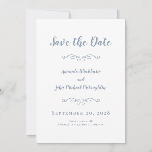 Delikatskript Romantische Kalligrafie Dusty Blue Save The Date (Vorderseite)