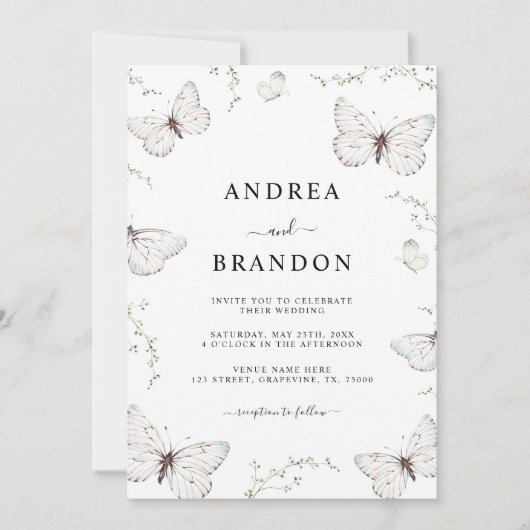 Delikatter weißer Schmetterlingsgarten Hochzeit in Einladung (Vorderseite)