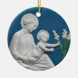 Della Robbia Madonna und Kind mit Lilien Blau Weiß Keramik Ornament