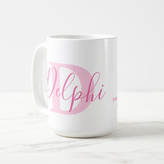 Delphi-Name bedeutet und monogramm rosa Text Kaffeetasse (Vorderseite Links)