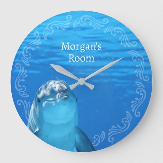 Delphin Blue Ocean Name Template Große Wanduhr (Vorderseite)