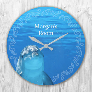 Delphin Blue Ocean Name Template Große Wanduhr