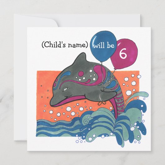 Delphin mit Ballon-6. Geburtstag laden ein Einladung (Vorderseite)