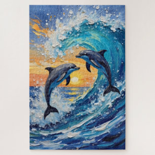 Delphin-Paar zierlicher Sonnenuntergangs-Sprung Ku Puzzle