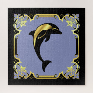 Delphin-Silhouette/Gold/Schwarz/Schwarz-Jigsa Puzzle
