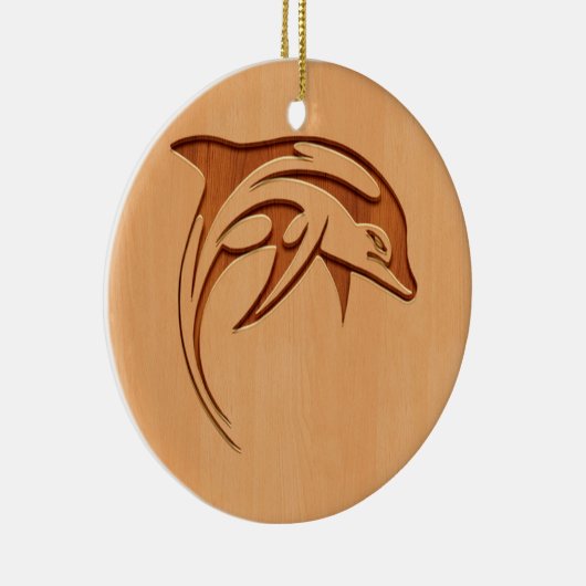 Delphin-Silhouette graviert auf hölzernem Entwurf Keramik Ornament (Rechts)