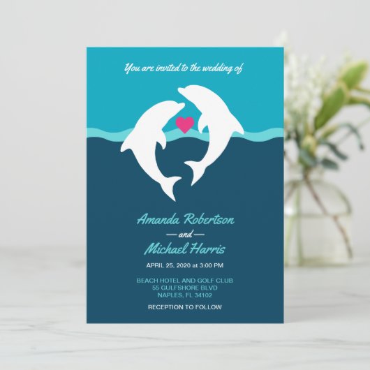 Delphin-Strand-Hochzeit Einladung (Stehend Vorderseite)