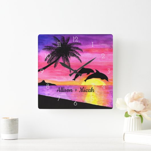 Delphin-tropisches Paradies-personalisierte Quadratische Wanduhr (Zuhause)
