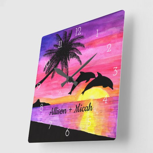 Delphin-tropisches Paradies-personalisierte Quadratische Wanduhr (Winkel)