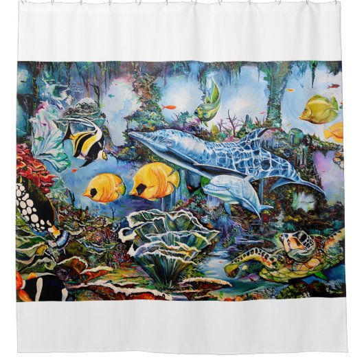 Delphin und Fische schwimmen nahe Riff Duschvorhang (Vorderseite)