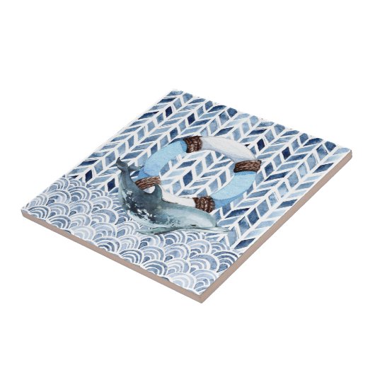 Delphin und Lifebuoon auf maritimer Ebene Fliese (Seite)