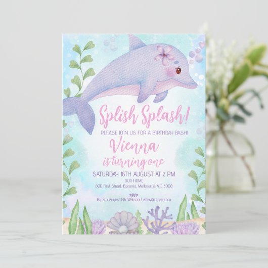 Delphin Untermeer 1. Geburtstag Einladung (Stehend Vorderseite)