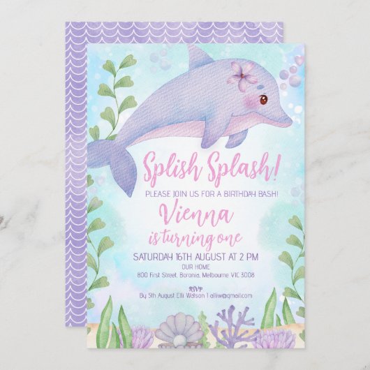 Delphin Untermeer 1. Geburtstag Einladung (Vorne/Hinten)