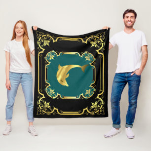 Delphin, vergoldet, schwarz/gold/aqua fleecedecke