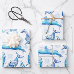 Delphin, wasserfarbig, nahtloses Muster, Delphin Geschenkpapier Set