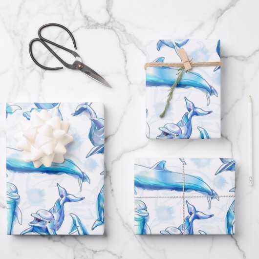 Delphin, wasserfarbig, nahtloses Muster, Delphin Geschenkpapier Set (Vorderseite)