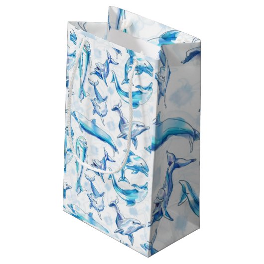 Delphin, wasserfarbig, nahtloses Muster, Delphin Kleine Geschenktüte (Rückseite Schrägansicht)
