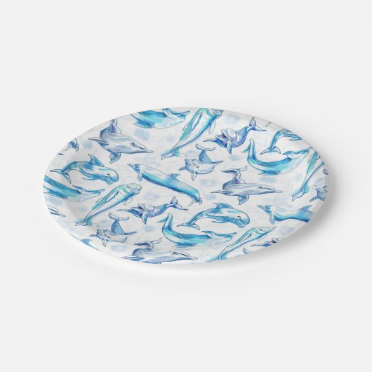Delphin, wasserfarbig, nahtloses Muster, Delphin Pappteller (Schrägansicht)