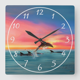 Delphine Beach Sunset Nautical Quadratische Wanduhr