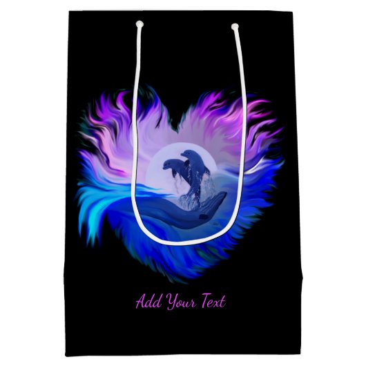 Delphine im Mondschein , Herz, Ihren Text hinzufüg Mittlere Geschenktüte (Rückseite)