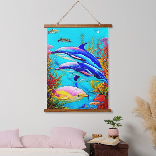 Delphine im Ozean mit schönem Korallenriff-Design Wandteppich Mit Holzrahmen (Schlafzimmer)