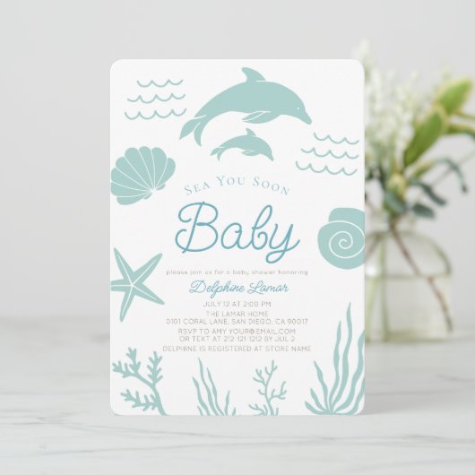 Delphine & Seashell Sea Sie bald Blue Baby Dusche Einladung (Stehend Vorderseite)