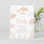 Delphine & Seashell Sea Sie bald pink Baby Dusche Einladung (Stehend Vorderseite)