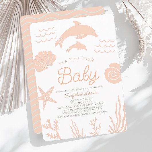 Delphine & Seashell Sea Sie bald pink Baby Dusche Einladung