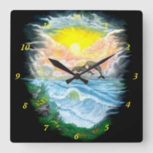 Delphine spielen im Sonnenschein Quadratische Wanduhr