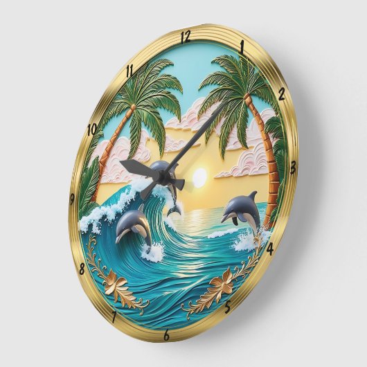 Delphine springen Ozeanwellen Sonnenuntergang Große Wanduhr (Winkel)