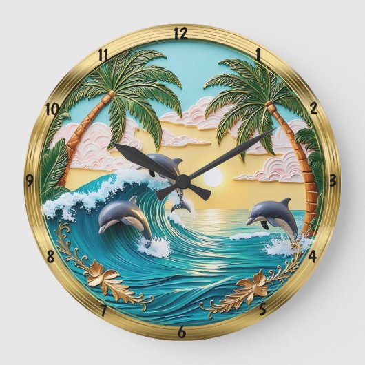 Delphine springen Ozeanwellen Sonnenuntergang Große Wanduhr (Vorderseite)