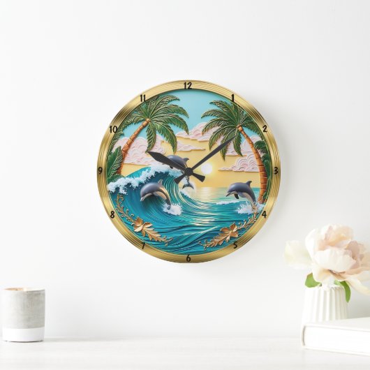 Delphine springen Ozeanwellen Sonnenuntergang Große Wanduhr (Zuhause)