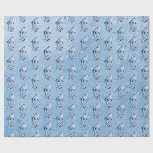 Delphine und Blume auf blau Geschenkpapier (Flach)