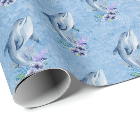 Delphine und Blume auf blau Geschenkpapier (Rolleneckpunkt)
