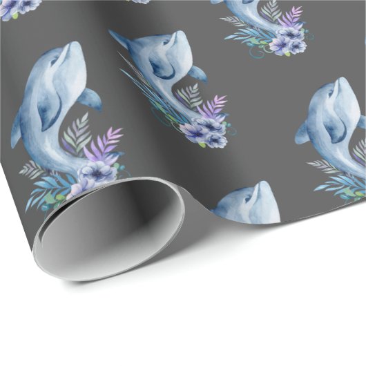 Delphine und Blume auf Grau Geschenkpapier (Rolleneckpunkt)